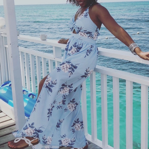 Blue Floral Maxi Long Twist Halter Dress Prom - Picture 8 of 8